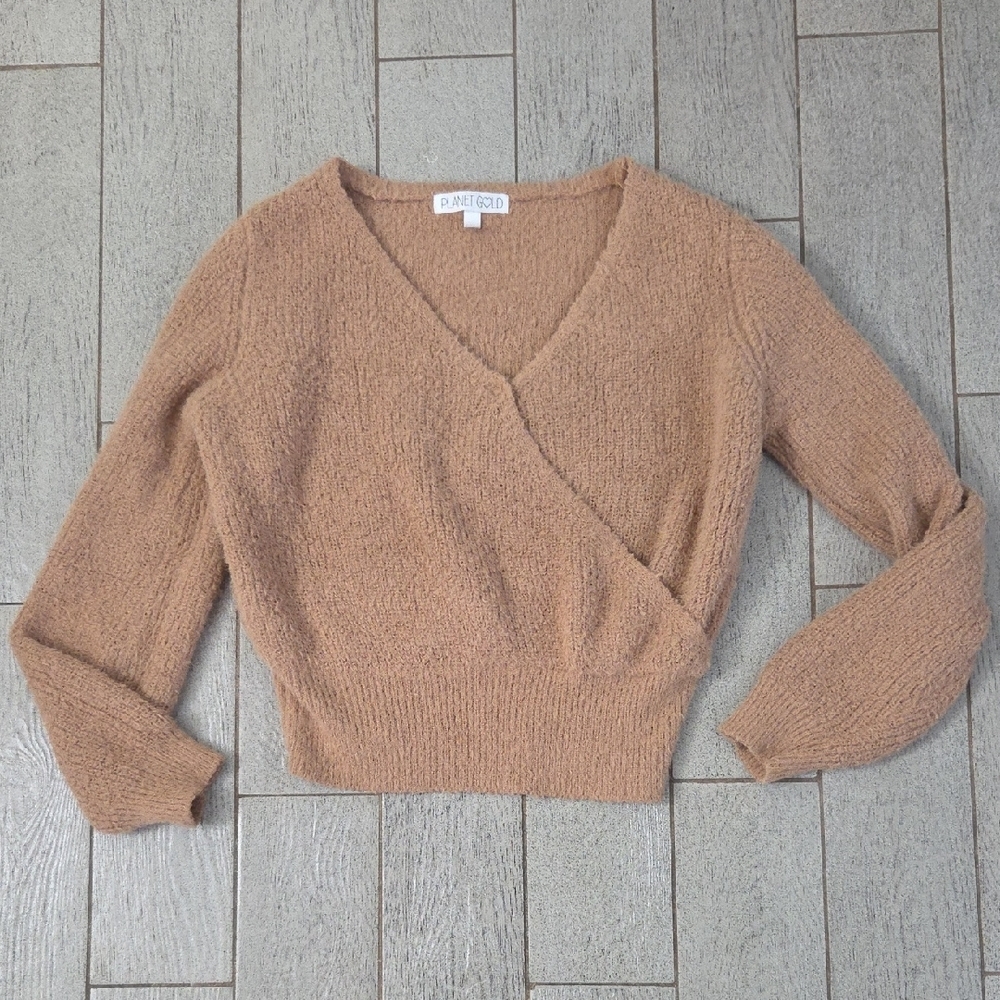 Planet Gold Super Soft & Comfy Women's V-Neck Tan Sweater